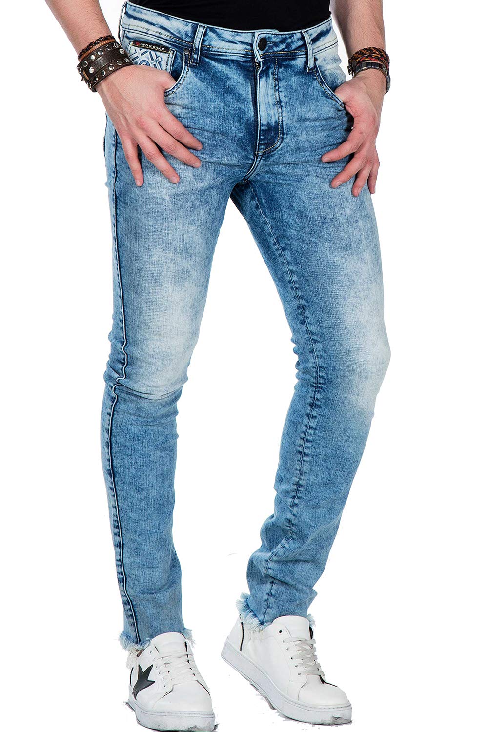 Cipo Baxx Herren Used Jeans Hose Frayed-Legs Slim Fit Design Hose Blau W42 L34