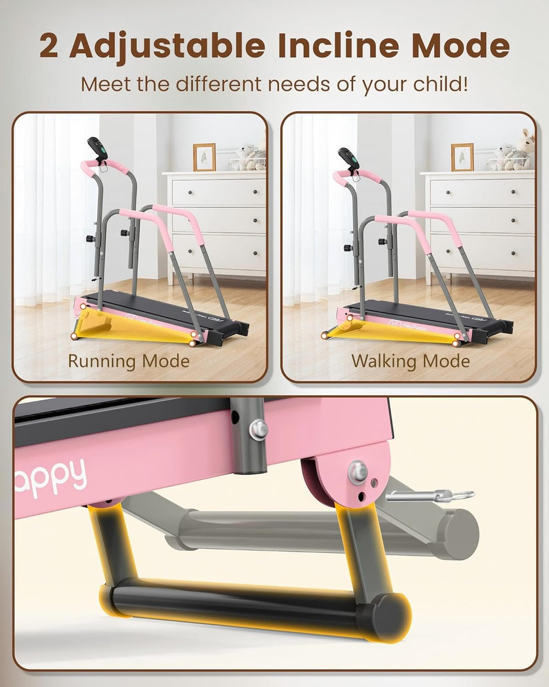 Heypappy Kinderlaufband, Laufband für Kinder manuell mit Haltegriff Rosa, Rosa