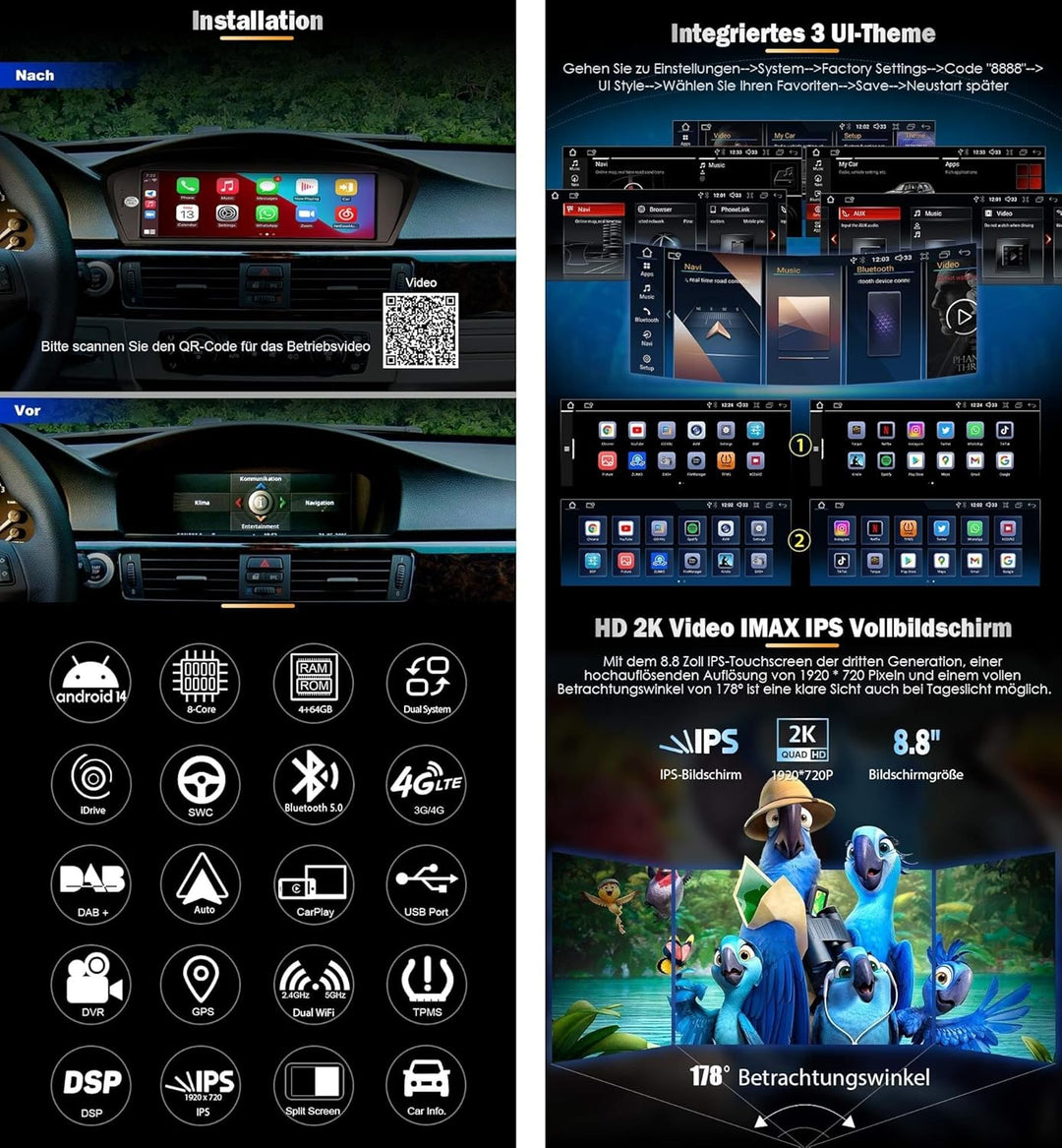 8,8" IPS Qualcomm 8-Kern Android 14 DAB+ Autoradio Für BMW 3er E90 E91 E92 E93 5er E60 E61 6er E63 E