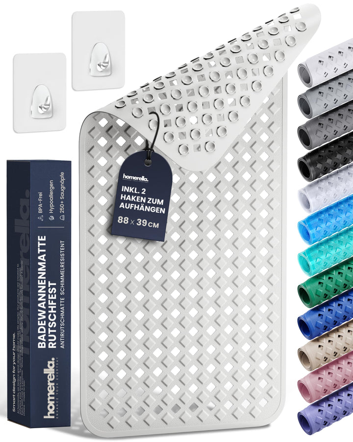 homerella® Badewannenmatte rutschfest 88x39cm, INKL. HAKEN, Rutschfeste Badematte BPA frei, Duschmat