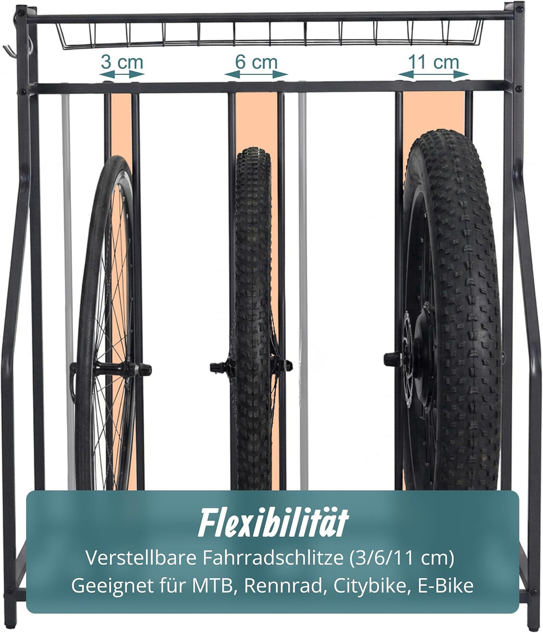 Relaxdays Fahrradständer Boden, 3 Fahrräder, Flexible Reifenbreite, schwarz Schwarz 103.5 x 91 x 55