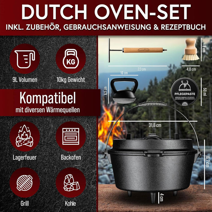 Dutch Oven Set – Eingebrannter Dutch Oven 9L - Feuertopf Gusseisen mit Füsse – Schmortopf Doppelfunk