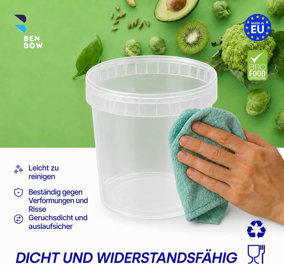 BenBow Eimer mit Deckel 1l Transparent 100x 1 Liter - lebensmittelecht, stabil, luftdicht, auslaufsi