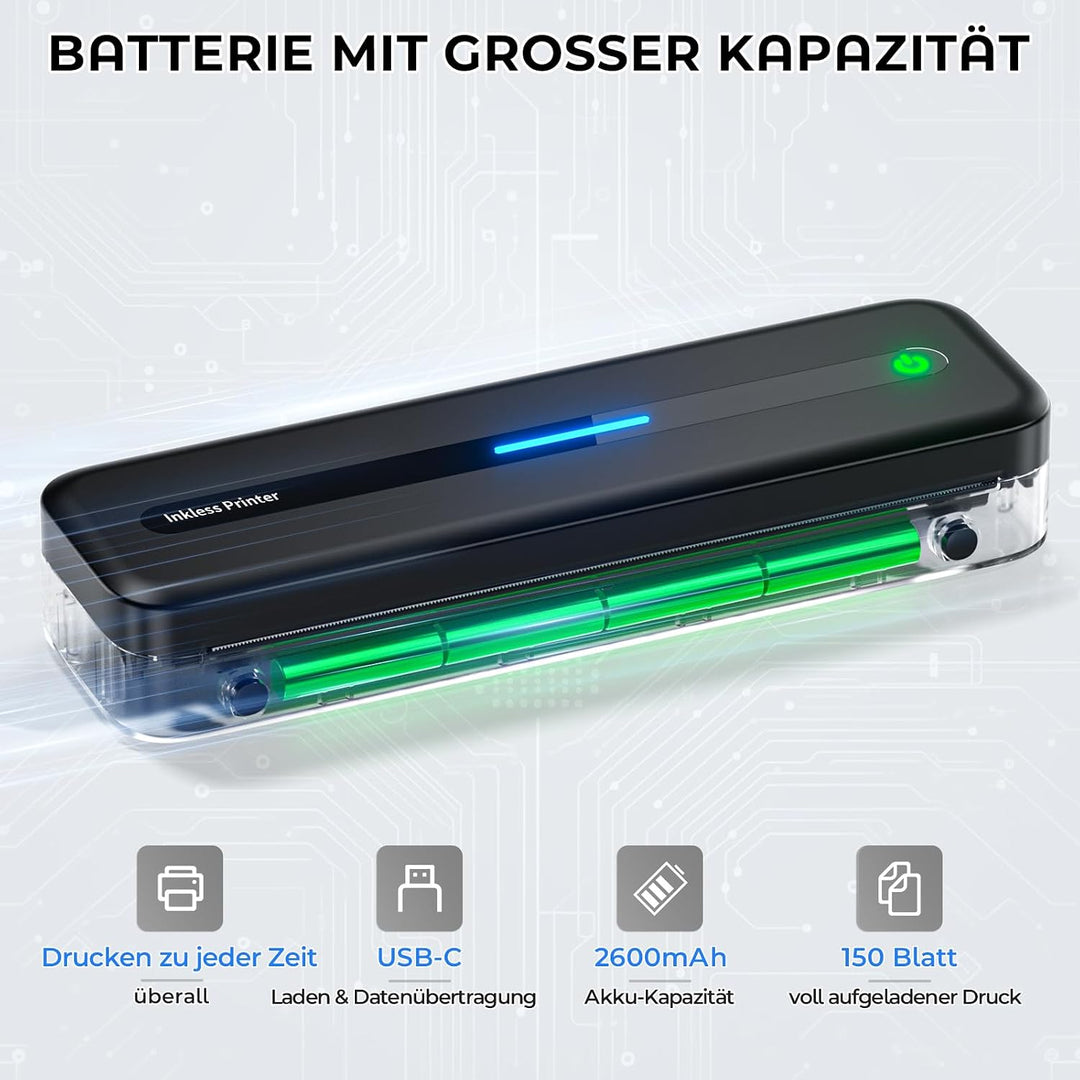 Mobiler Drucker A4 für Unterwegs, Tragbarer Drucker Thermodrucker A4 Wireless Bluetooth Inkless Hand