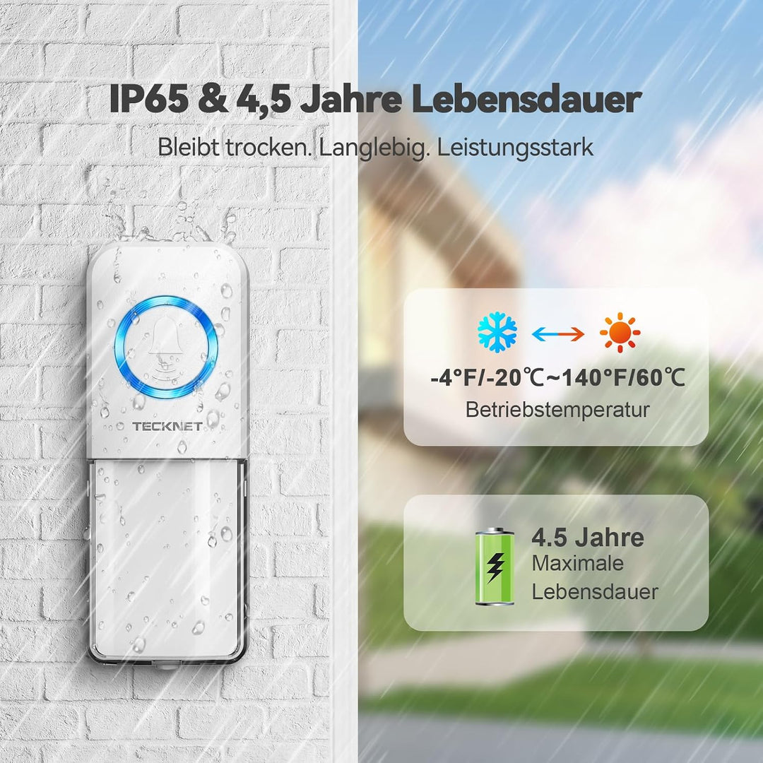 TECKNET Funkklingel, Funkklingel aussen wasserdicht IP65, kabellose türklingel 400m, Klingel Funk mi