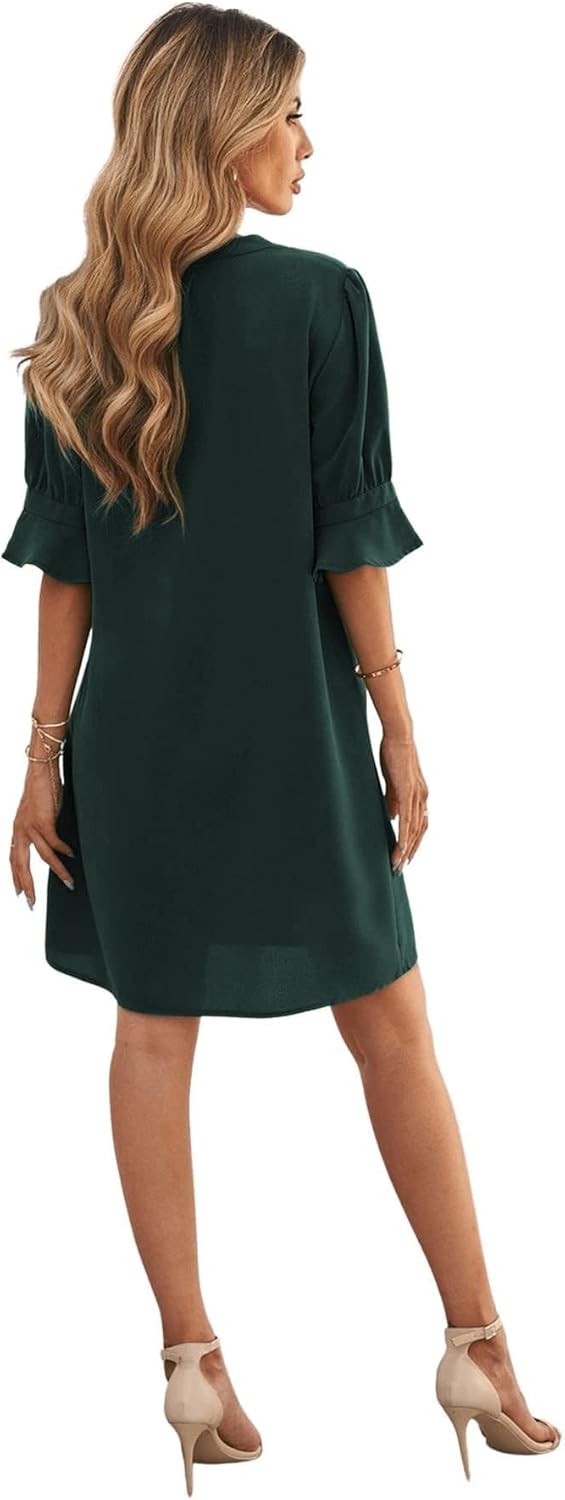 Famulily Frauen V-Ausschnitt Halbarm Hemdkleid Elegant Sommer Casual Einfarbig Kurzes Kleid S-XXL S