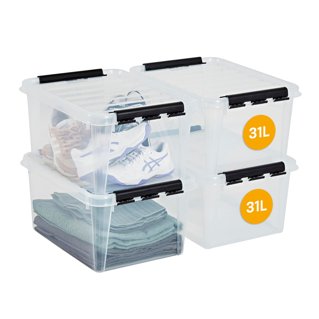 SmartStore Aufbewahrungsboxen mit Deckel, 31 l, transparent, 4er-Pack, verstärkt, 10 Jahre Garantie,