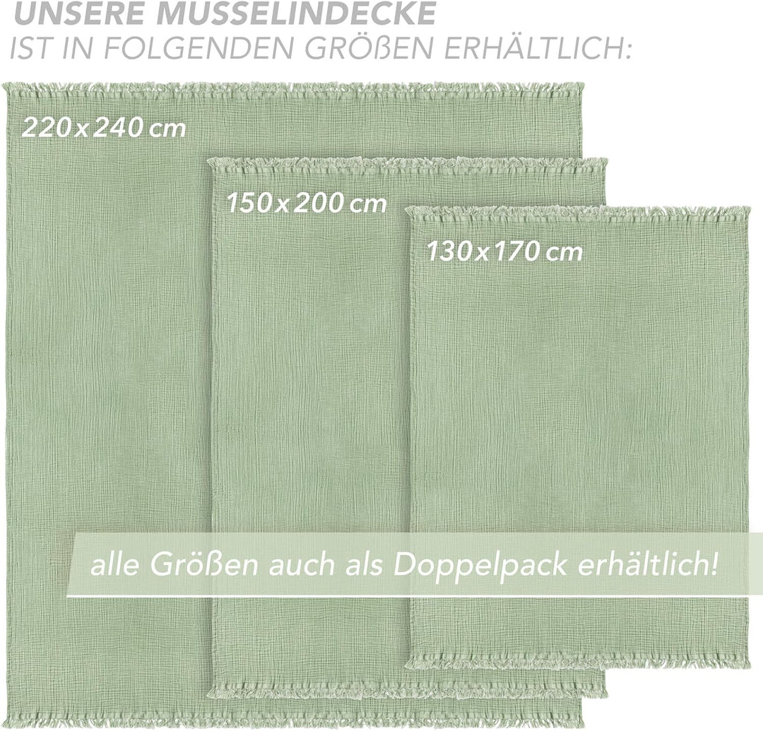 Pure Label 2er Set Musselin Decke 150x200 Grün aus Baumwolle Salbeigrün 2er Set 150x200 cm, Salbeigr
