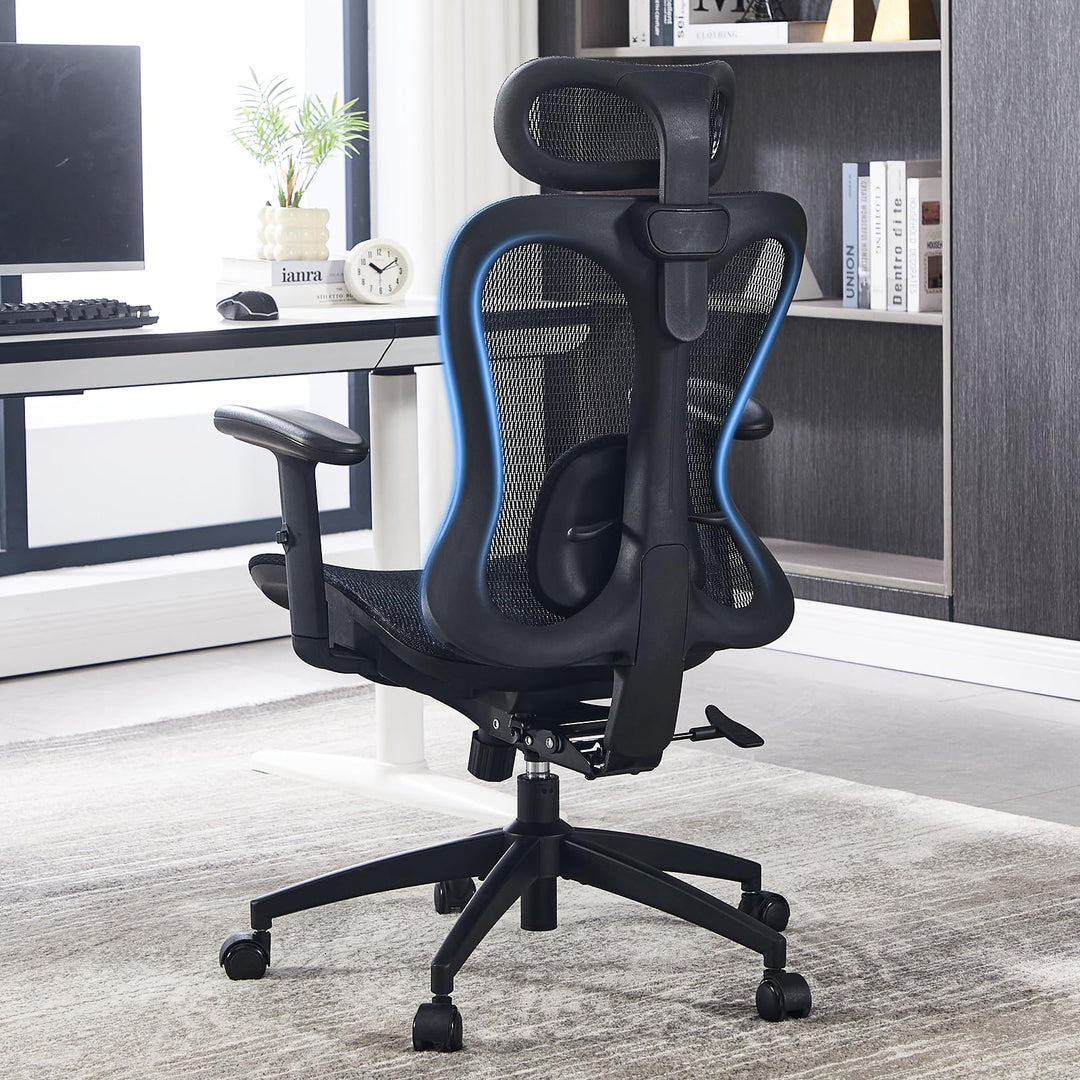 LukkDys Ergonomischer Bürostuhl mit Kopfstütze, klappbaren Armlehnen, atmungsaktiver Netz-Rückenlehn