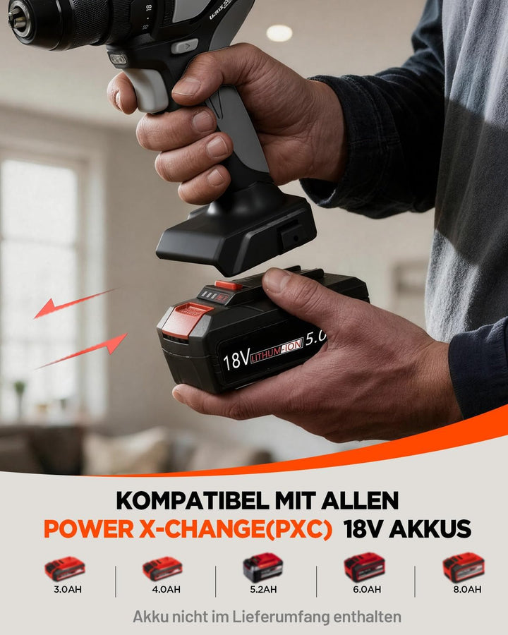 20V Max Akku-Bohrschrauber, kompatibel mit Einhell Power X-Change, Solo Schwarz und Grau, Schwarz un