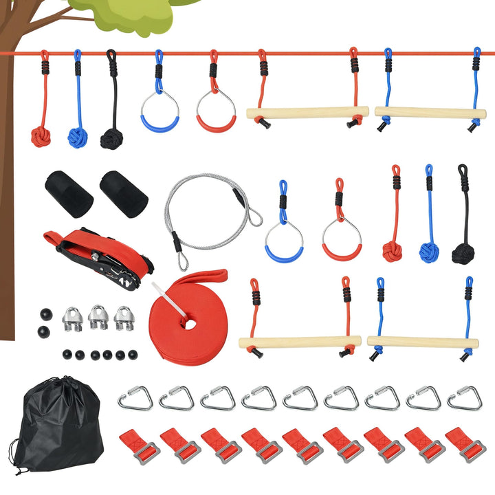 Outsunny Ninja Line Kinder 10m Slackline Set mit Hindernissen, Klettergerüst, Turnringe, Baumschutz,