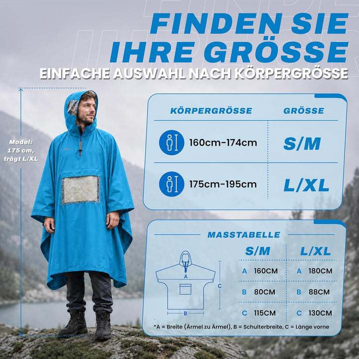 STANDWERK Regenponcho mit einzigartiger Navigationstasche und Sichtfenster fürs Wandern - Regencape