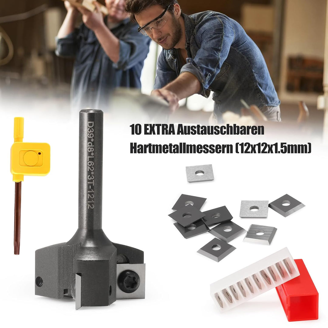 Trvoxviq Planfräser 8mm schaft 3 Flöten mit 10 austauschbaren Hartmetallmessern (12x12x1.5mm) für Ho