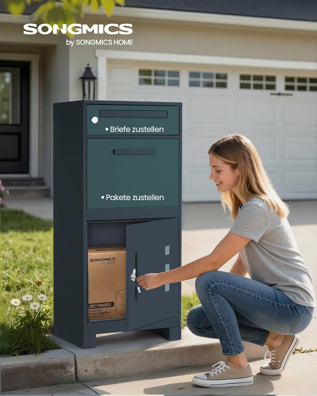 SONGMICS Paketbox, Paketbriefkasten, Briefkasten mit Paketfach, Paketkasten XXL, für Briefe, Pakete,