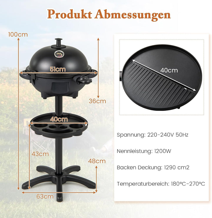 GOPLUS Elektrogrill für Balkon, Standgrill mit einstellbarer Temperatur, 2-Zonen Antihaftplatte, sta