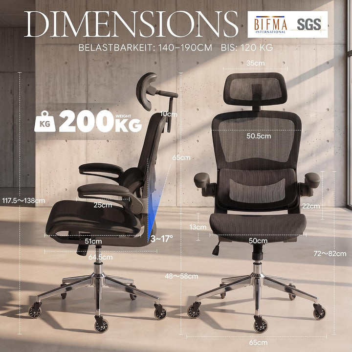 Schreibtischstuhl Ergonomischer Bürostuhl mit 150kg Tragkraft, verstellbaren Armlehnen, dynamischer
