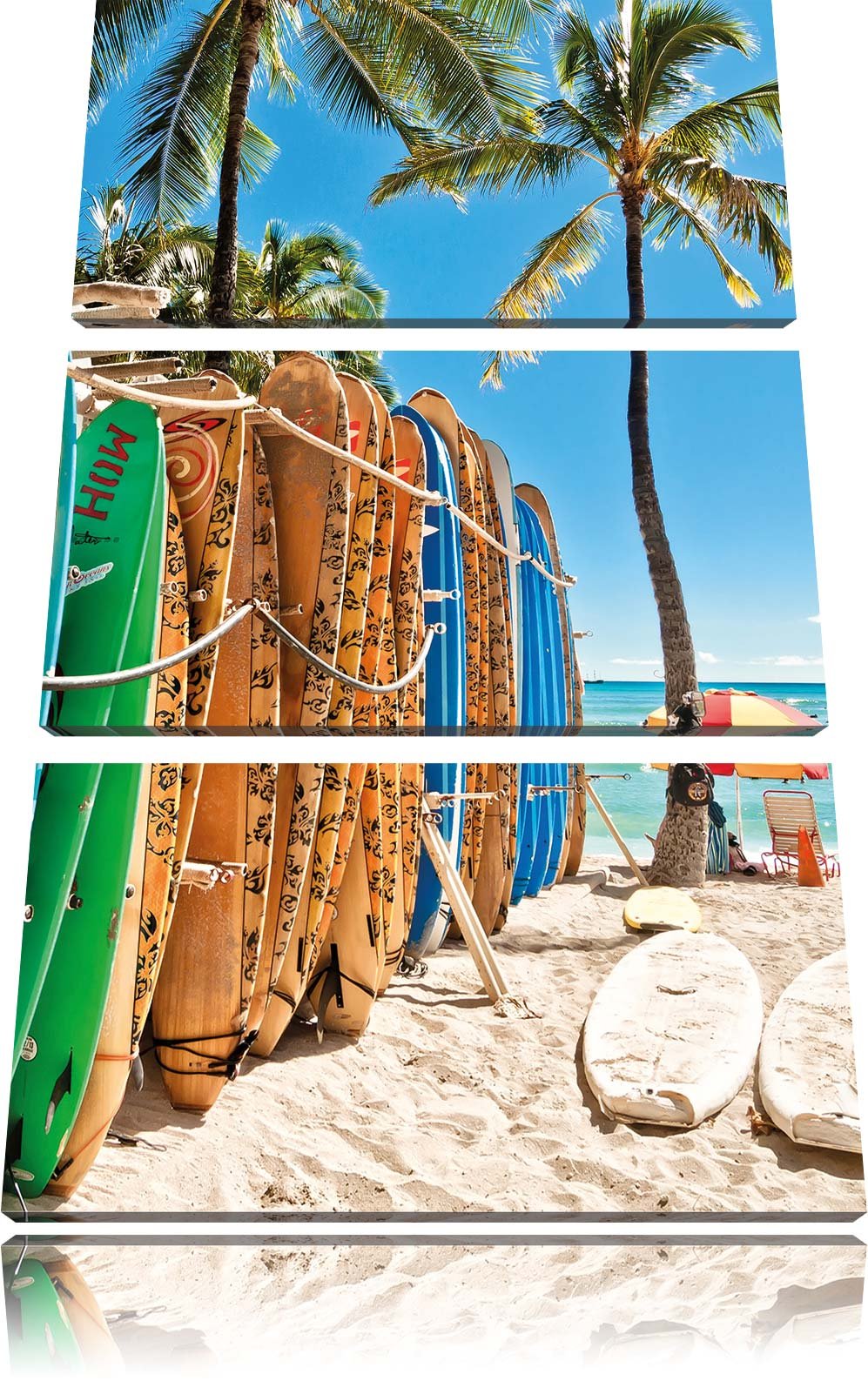 Pixxprint Surfboards am Strand als Leinwandbild/Grösse: 3 Teilig (120x80) cm/Wandbild/Kunstdruck/fer