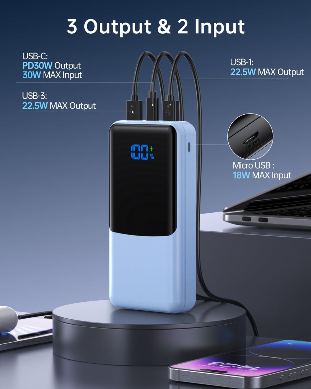 Coblob Power Bank 27000mAh, Powerbank Schnellladefunktion USB C PD 20W Himmelblau-002, Himmelblau-00