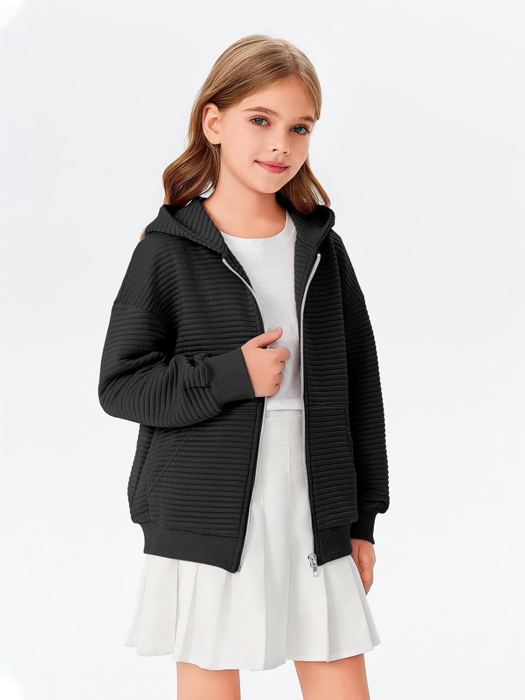Haloumoning Mädchen Kapuzenjacke mit Reissverschluss 9-10 Jahre Schwarz, 9-10 Jahre Schwarz