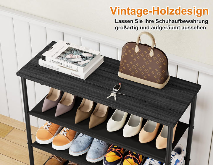 HOMIDEC Schuhregal,4-Ebenen Schuhablage mit Holzbrett als oberstes Regal 75*71*30cm Schwarz, 75*71*3
