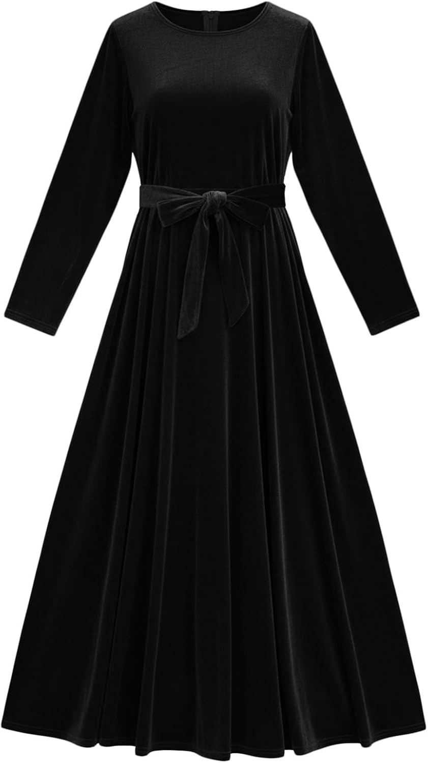 Abendkleid Damen Elegant Langarm Samtkleid Lang Festlich Cocktailkleid Hochzeitsgast Maxi Ballkleid