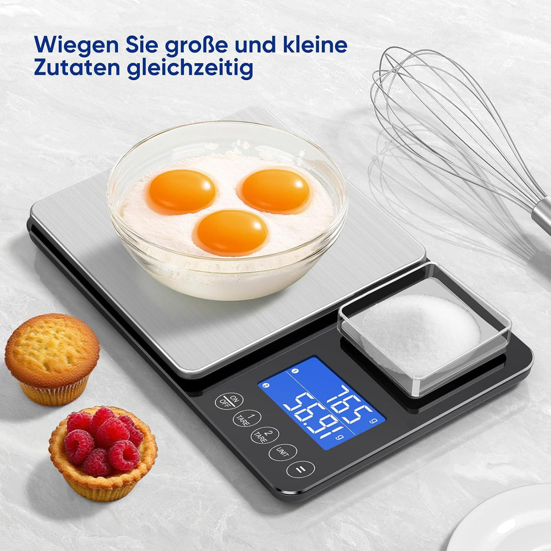 Küchenwaage Digital 15 kg / 0,01 g, Hochpräzise Zweibereichs Waage Küche mit Addierfunktion, Tara-Fu