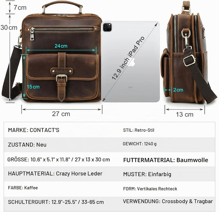 CONTACTS Umhängetasche Herren Schultertasche 13 Zoll Herrentasche Kuriertasche echtes Leder für Arbe