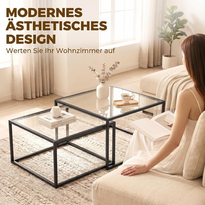 HOMCOM Couchtische 2er-Set Satztisch mit Gehärteter Glasplatte Schwarz