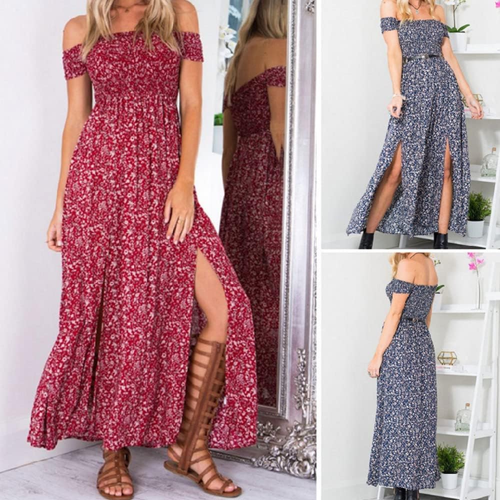 Sommerkleid Damen Lang Off Shoulder Maxikleider für Damen Blumenrock Schlitz Kleider Strandmode L Ro
