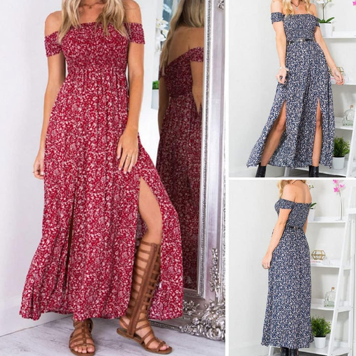Sommerkleid Damen Lang Off Shoulder Maxikleider für Damen Blumenrock Schlitz Kleider Strandmode L Ro