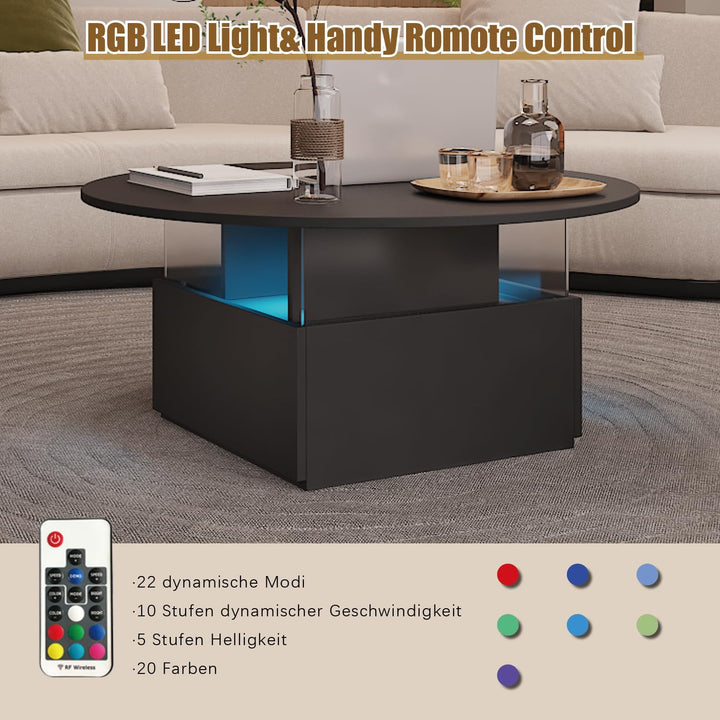 KEEPREAPER Couchtisch rund Wohnzimmertisch LED 80 x 80 x 40cm Schwarz, Schwarz