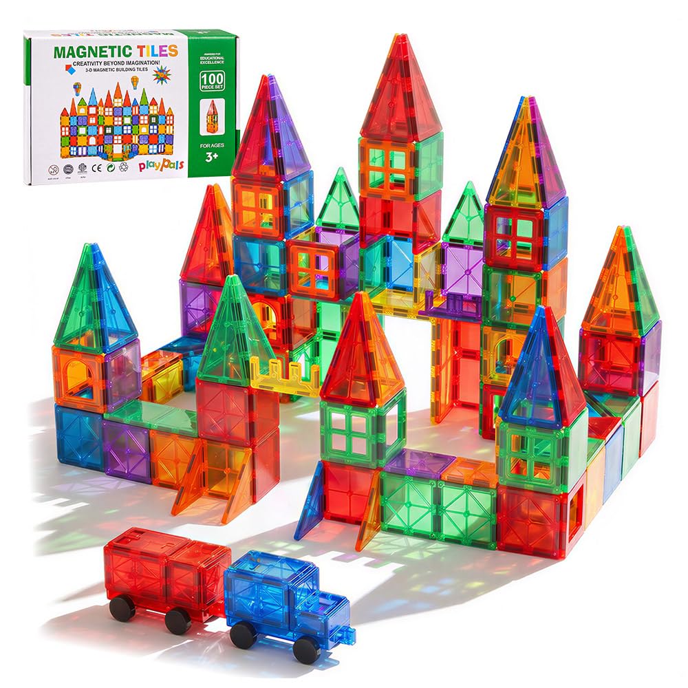 Playpals Magnetische Bausteine 100 Teile mit 2 Autos für Kinder ab 3 Jahren, 100 Teile