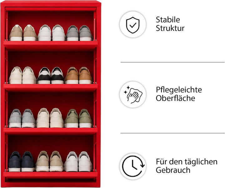 Schuhschrank Schmal, 4 Regale, Metall Schuhkipper mit Magnet-Klappen, Freistehend oder Wandmontage,