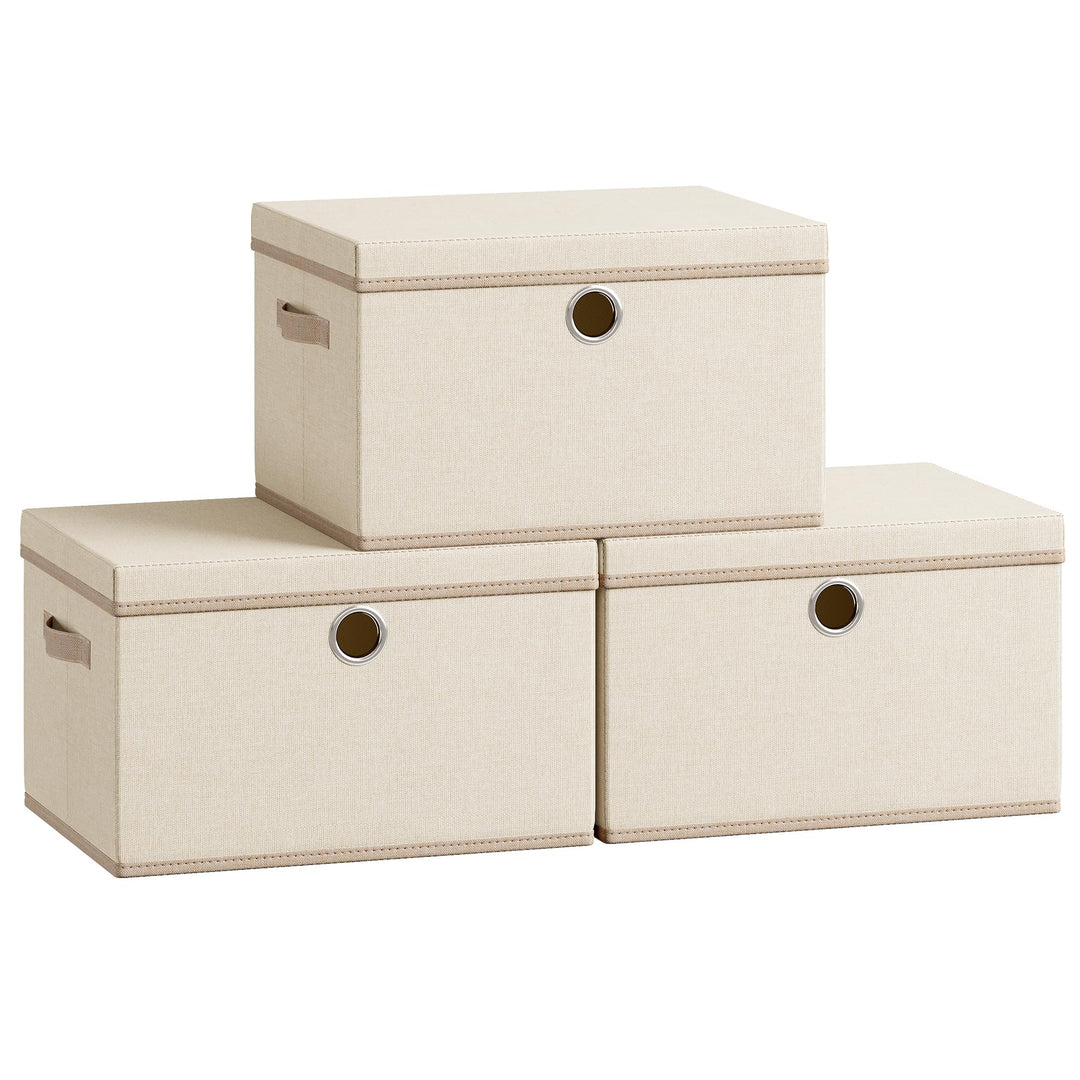 SONGMICS Aufbewahrungsboxen, 3er Set, mit Deckel, Stoffboxen mit Griffen Cappuccinobeige, Cappuccino