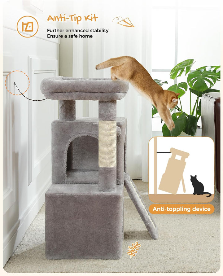 PETEPELA Kratzbaum 77cm mit Dual Condos für Wohnungskatzen, All-in-One-Katzenhaus mit gepolsterter S
