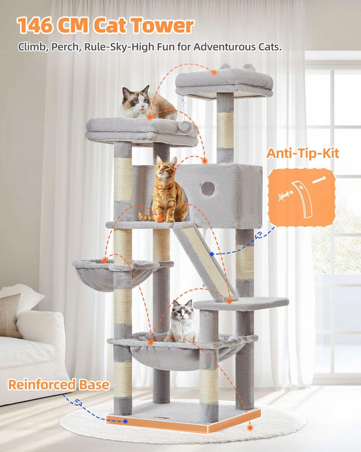 Taoqimiao 146CM Kratzbaum Gross, Katzenbaum Katzen Kratzbaum Grosse Katzen Stabil mit 2 Katzenhaus,