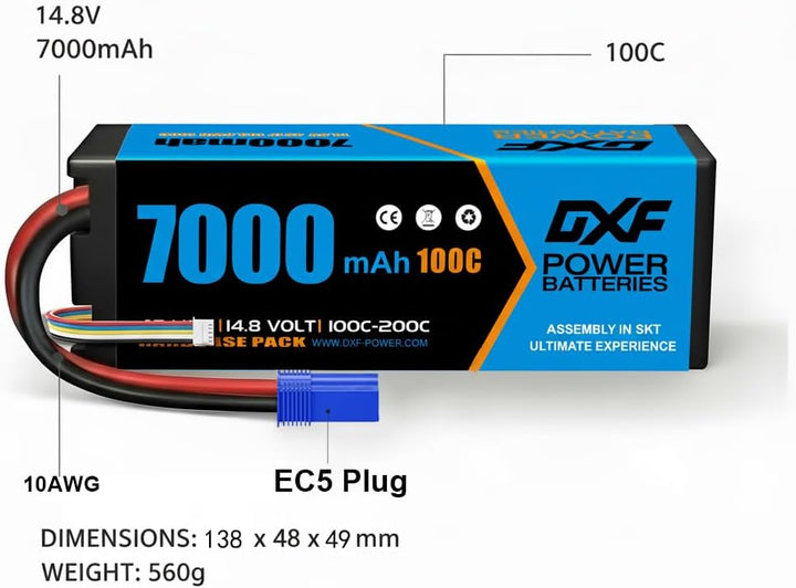 DXF 4S Lipo Batterie 14,8 V 100 C 7000 mAh Hartbatterie mit EC5-Stecker für RC 1/8 und 1/10 Auto RC