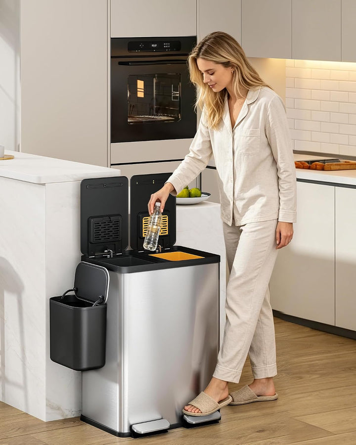 Hzuaneri Mülleimer Küche, 2 x 30 L+7 L, Mülltrennsystem 2 Fächer mit 7 L Komposteimer, Abfalleimer m