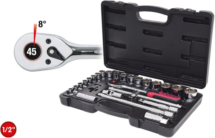 KS Tools 918.0728 1/2 Zoll CHROMEplus Steckschlüssel-Satz | inklusive Umschaltknarre, 45-Zahn | hoch