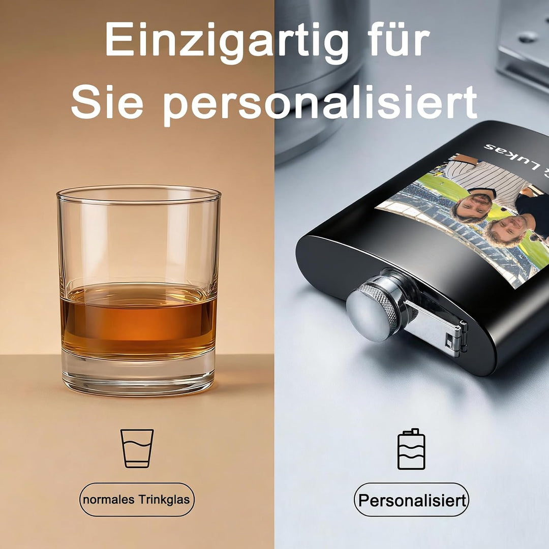 Flachmann Personalisiert mit Foto &amp; Namen Edelstahl Schwarz, Schwarz