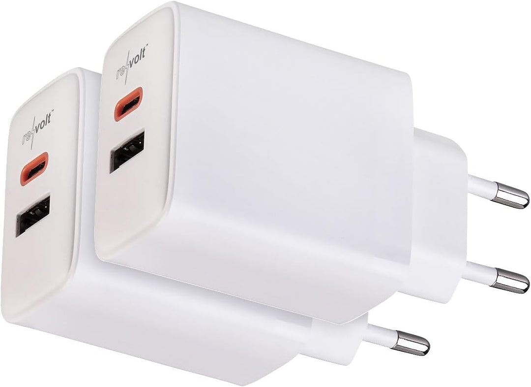 revolt Steckdose: 2er-Set 2-Port-USB-Netzteile, USB-C PD 65 W, USB-A QC 18 W, GaN (Netzteil Tablet,