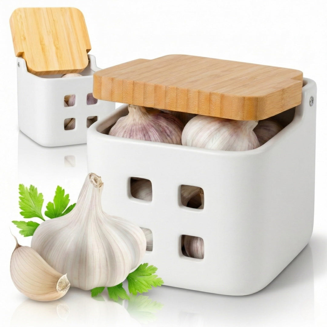 KOOK TIME Knoblauch Dose - Matt Weiss Keramik Knoblauchtopf mit Bambusholz Deckel, Perfekte Knoblauc