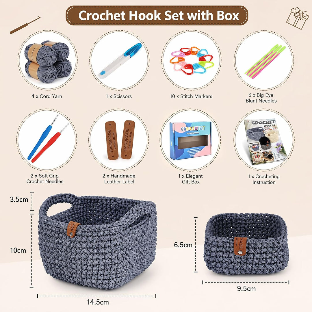 Chingcoo Häkelset für Anfänger 2er Set Häkelkorb - Crochet Kit mit 4 Häkelgarn Häkelnadeln 4,0 mm 4,