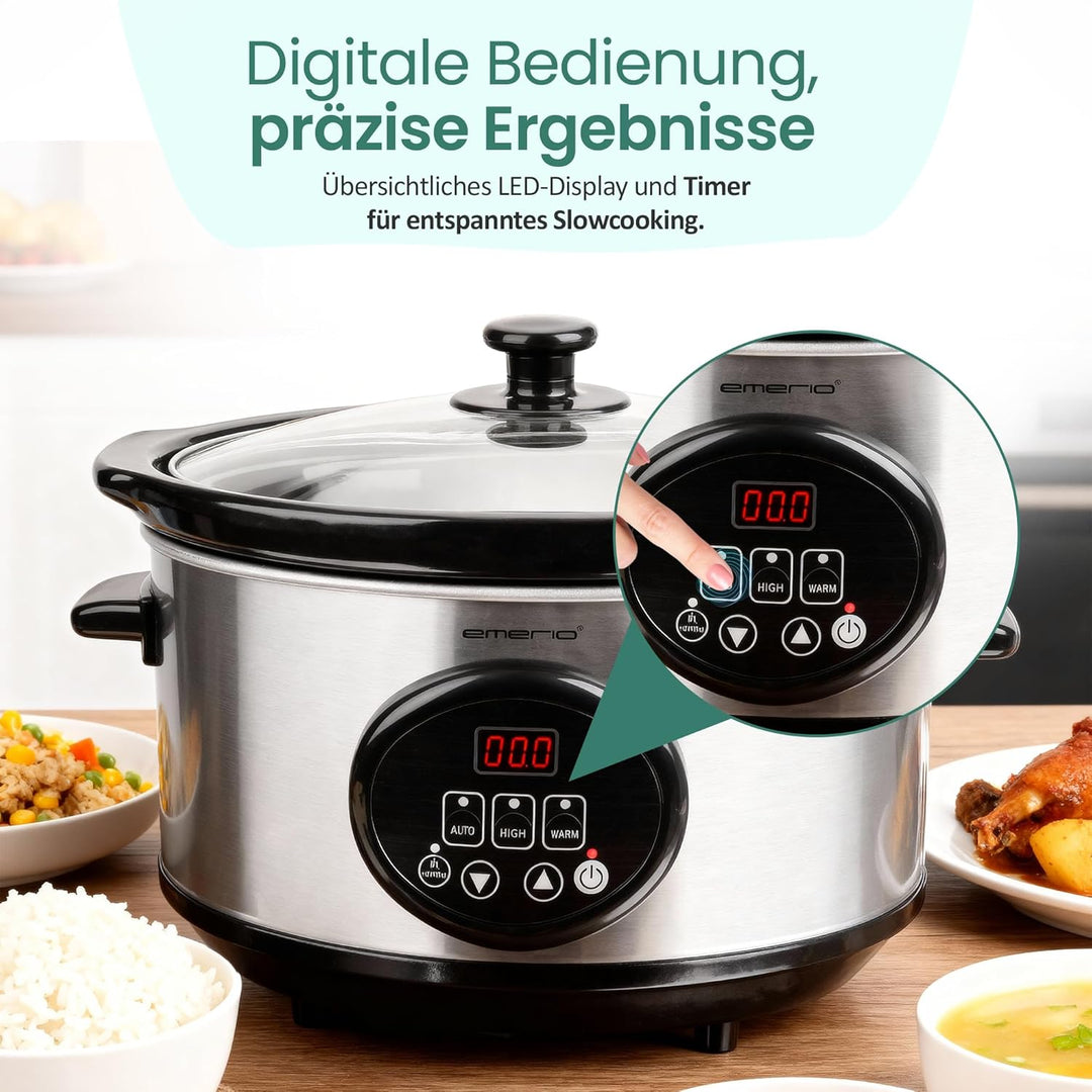 EMERIO Schongarer - Slow Cooker | 3,5L Innentopf aus Keramik (entnehmbar) | 3 Temperaturstufen | Dis