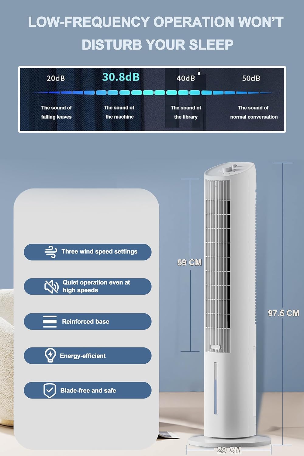 VLites Turmventilator mit Wasserkühlung Luftkühler | 3 Geschwindigkeiten, 60°-Oszillation, 3L Wasser