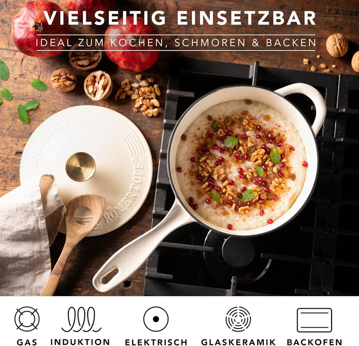 Römertopf Stielkasserolle Gusseisen 22 cm 2,3 L mit Deckel, Creme, Creme