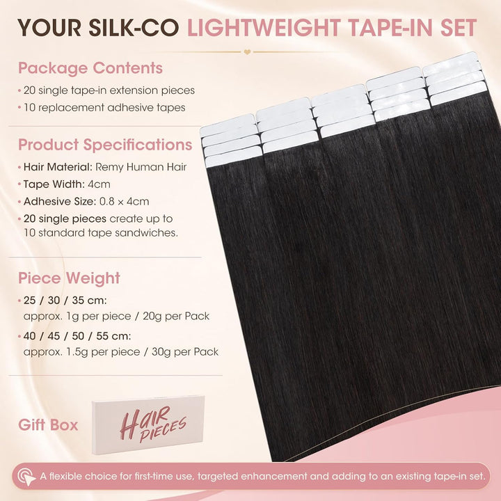 Silk-co Tape Extensions Echthaar 30g, leicht Version Tape in Extensions Echthaar 20pcs, Remy Invisib