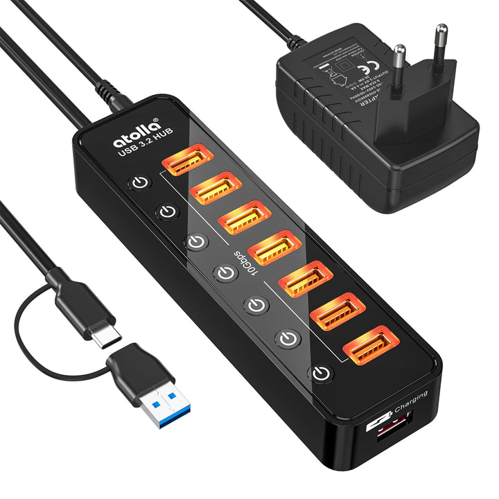 atolla Aktiver USB 3.2 Gen 2 Hub, 8‑Port USB Verteiler mit Netzteil, USB‑C Hub mit 7 USB‑A Anschlüss