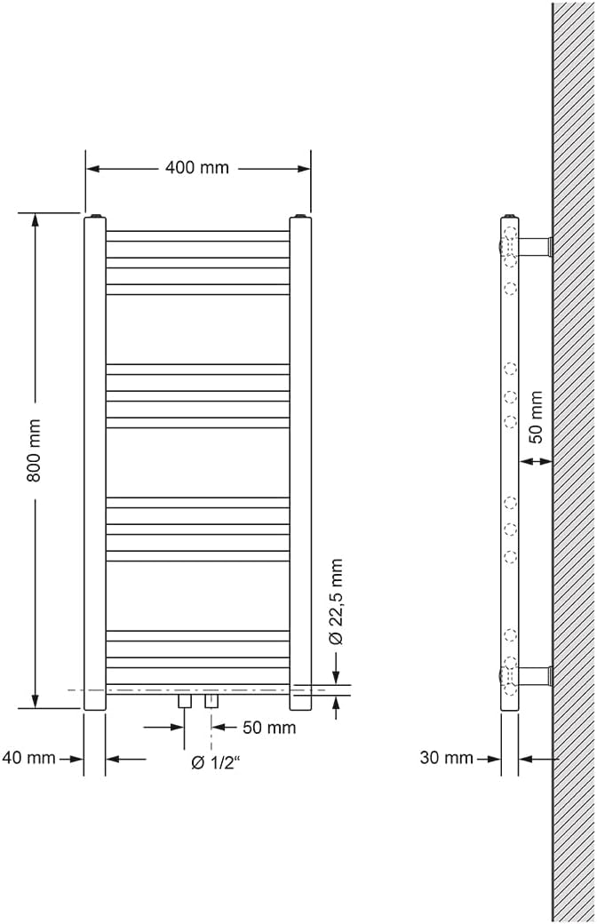 ECD Germany Badheizkörper Mittelanschluss 400 x 800 mm Weiss gerade mit Anschlussgarnitur inkl. Ther