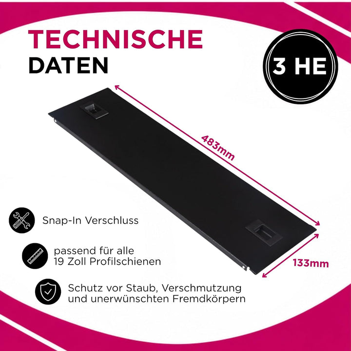 19 Zoll Blindpanel 3HE | Rackabdeckung für Netzwerk- und Serverschränke Schwarz 3 HE Typ Snap-In, Sc